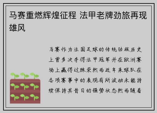 马赛重燃辉煌征程 法甲老牌劲旅再现雄风
